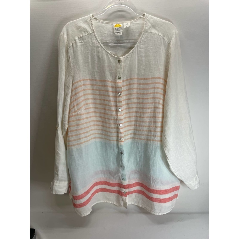 C&C California 100% Linen Striped White Long Sleeve Button Down Top Size 1X